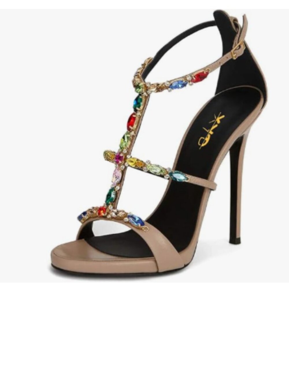 XYD Khaki T-Strap Crystal Sandals Open Toe Evening High Heels Shoes